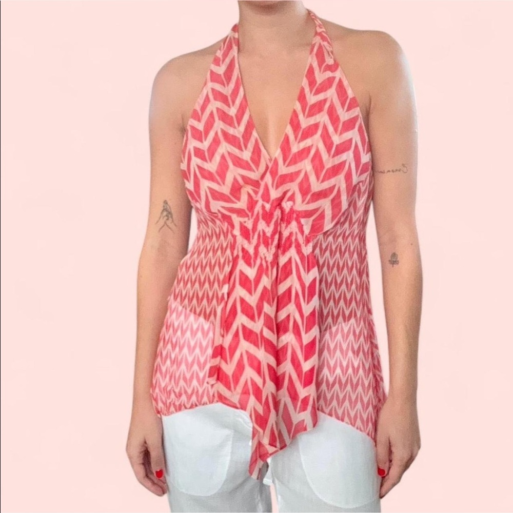 Semi sheer asymmetric red and white stripped Max Azria top